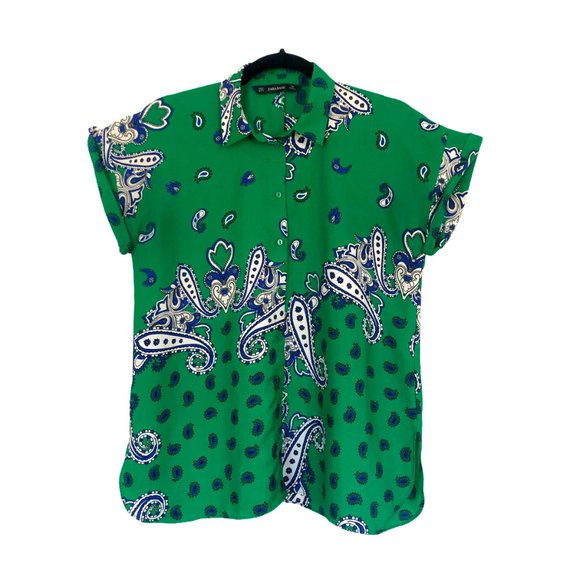 Zara Basic Green Paisley Top Button Down Small - Picture 4 of 8